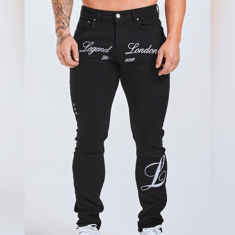 NWT Legend London Size 32 X 32 Black 2.0 Slim Fit Embroidered Jeans!